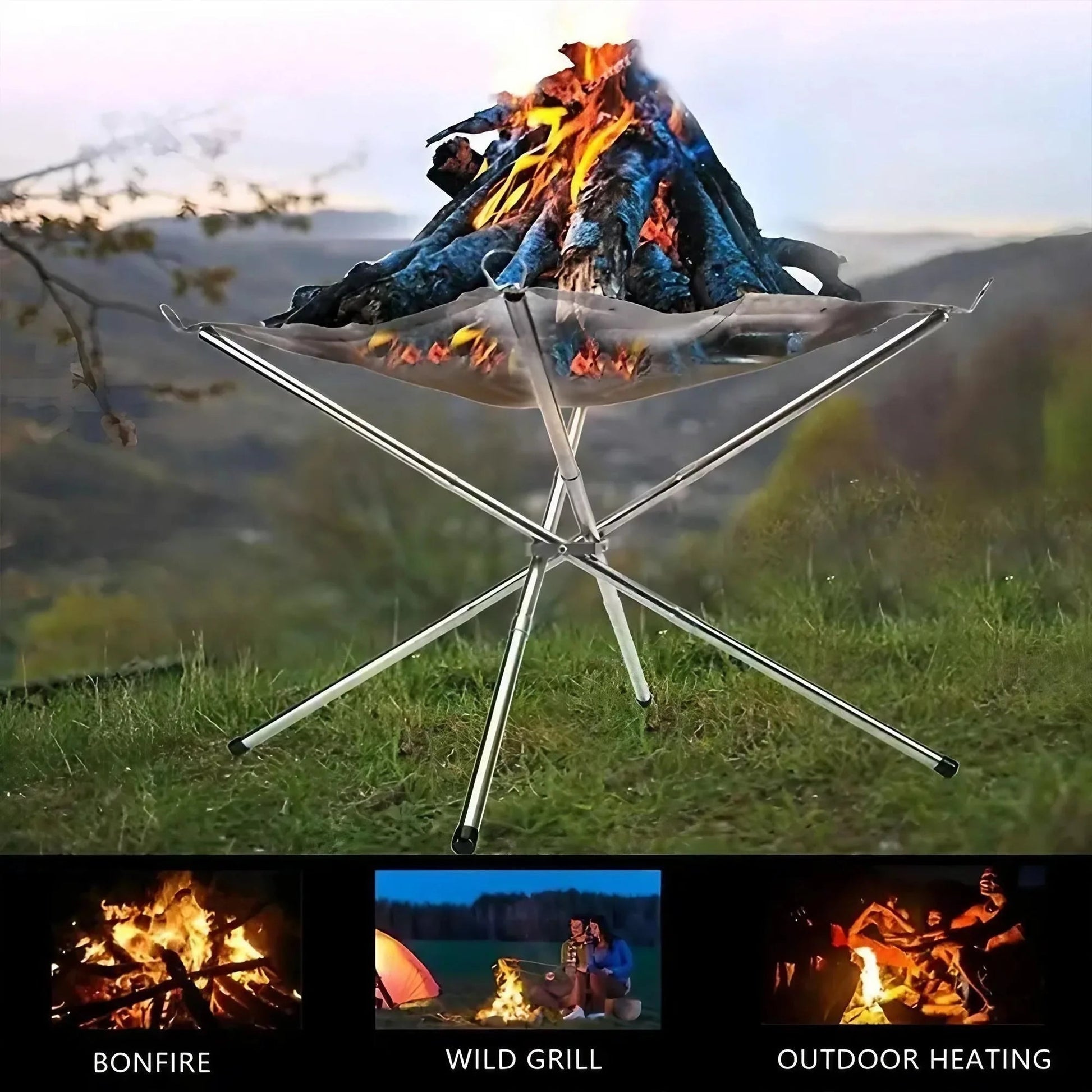 Folding Portable Steel Mesh Camping Fire Pit, Outdoor Wood Burning Bonfires Rack, Stainless Steel Fire Pit, with Carrying Bag - Verduranest