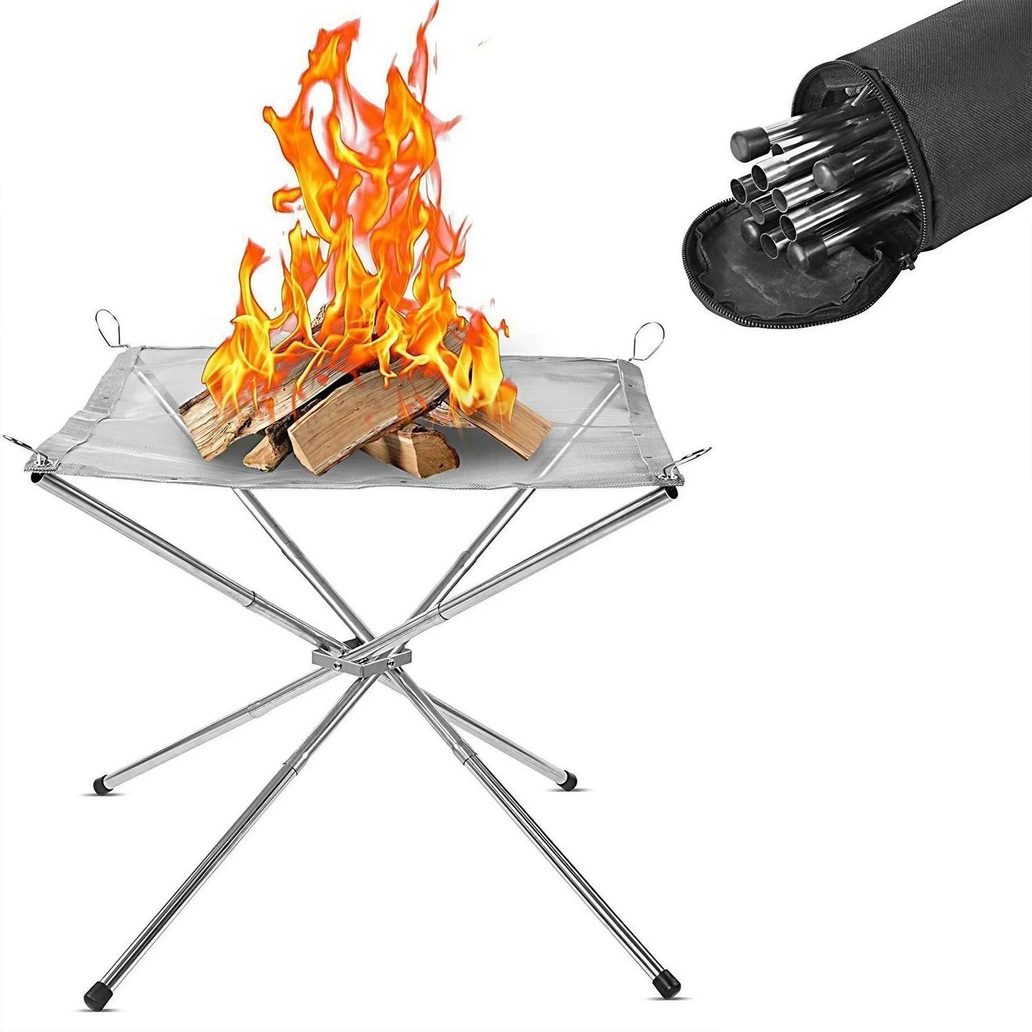 Folding Portable Steel Mesh Camping Fire Pit, Outdoor Wood Burning Bonfires Rack, Stainless Steel Fire Pit, with Carrying Bag - Verduranest