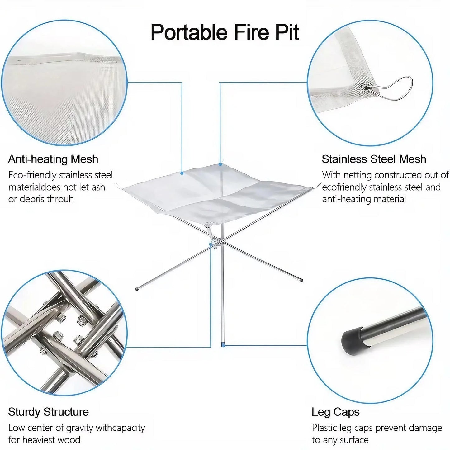 Folding Portable Steel Mesh Camping Fire Pit, Outdoor Wood Burning Bonfires Rack, Stainless Steel Fire Pit, with Carrying Bag - Verduranest