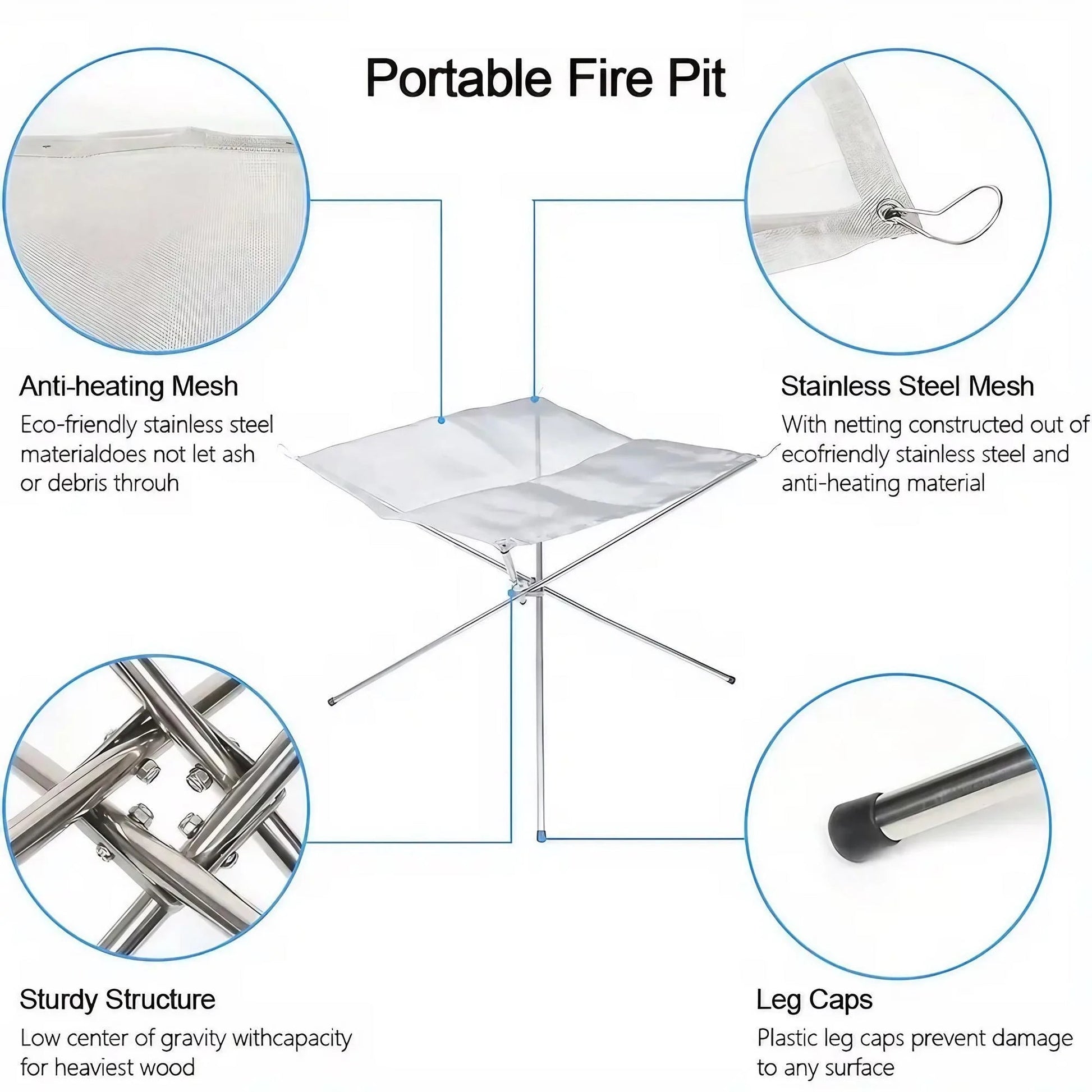 Folding Portable Steel Mesh Camping Fire Pit, Outdoor Wood Burning Bonfires Rack, Stainless Steel Fire Pit, with Carrying Bag - Verduranest