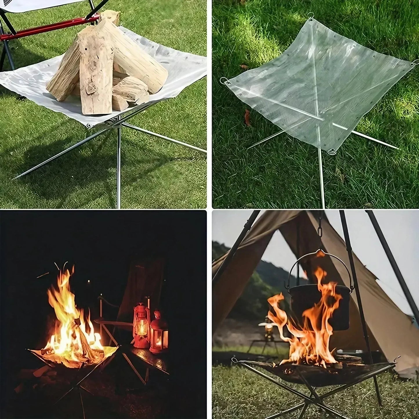 Folding Portable Steel Mesh Camping Fire Pit, Outdoor Wood Burning Bonfires Rack, Stainless Steel Fire Pit, with Carrying Bag - Verduranest