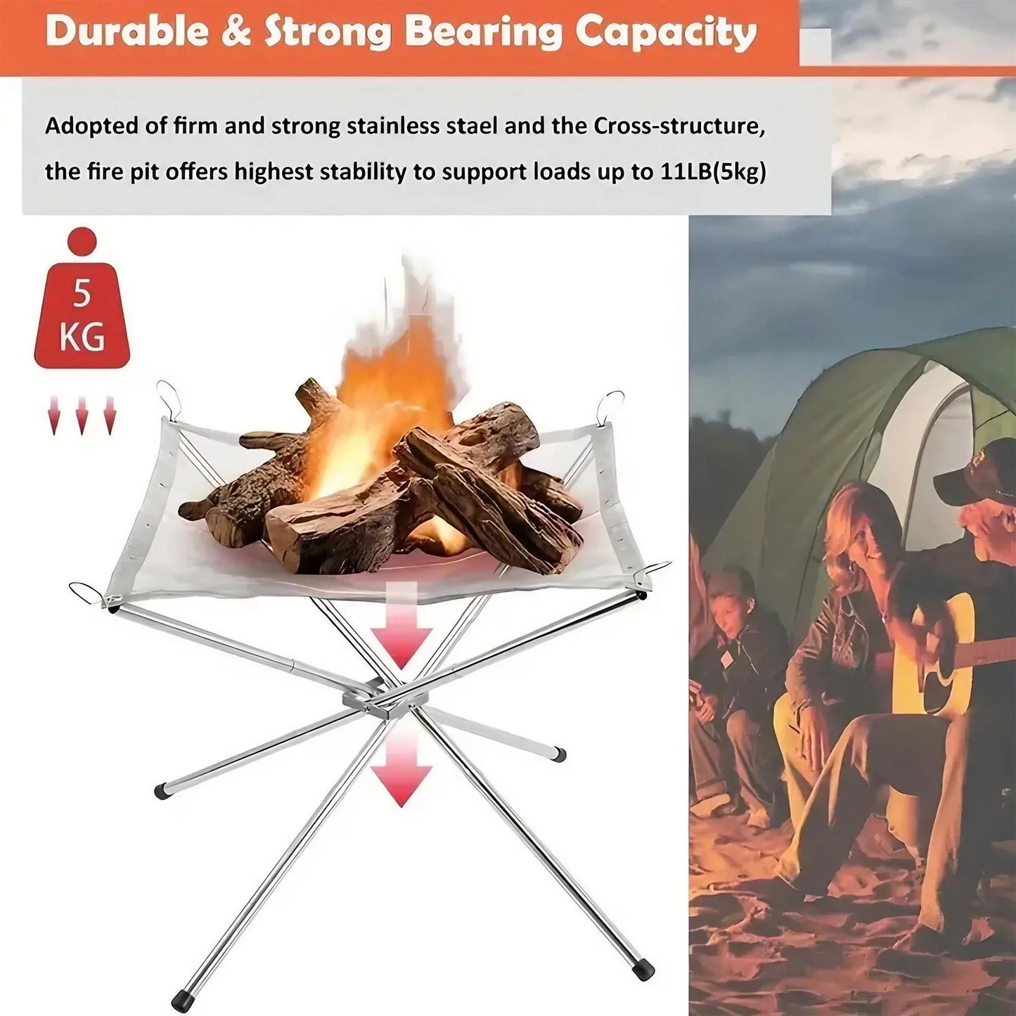 Folding Portable Steel Mesh Camping Fire Pit, Outdoor Wood Burning Bonfires Rack, Stainless Steel Fire Pit, with Carrying Bag - Verduranest