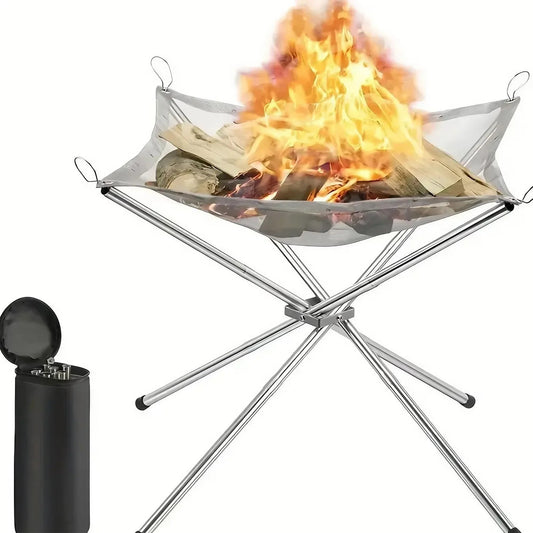 Folding Portable Steel Mesh Camping Fire Pit, Outdoor Wood Burning Bonfires Rack, Stainless Steel Fire Pit, with Carrying Bag - Verduranest
