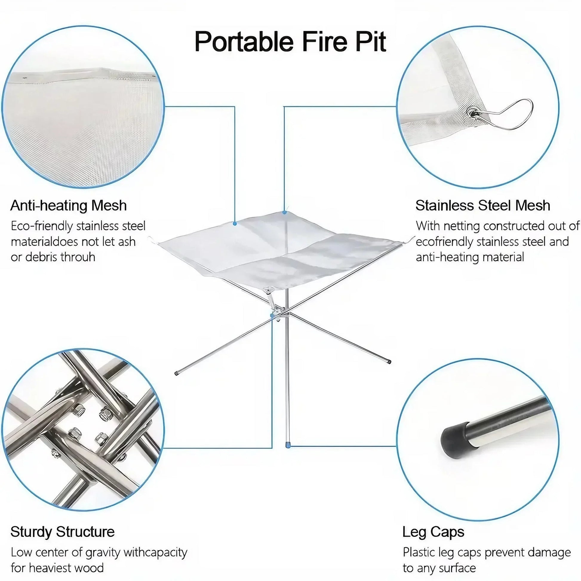 Folding Portable Steel Mesh Camping Fire Pit, Outdoor Wood Burning Bonfires Rack, Stainless Steel Fire Pit, with Carrying Bag - Verduranest