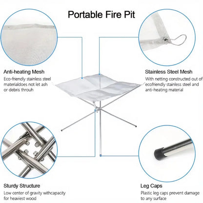 Folding Portable Steel Mesh Camping Fire Pit, Outdoor Wood Burning Bonfires Rack, Stainless Steel Fire Pit, with Carrying Bag - Verduranest
