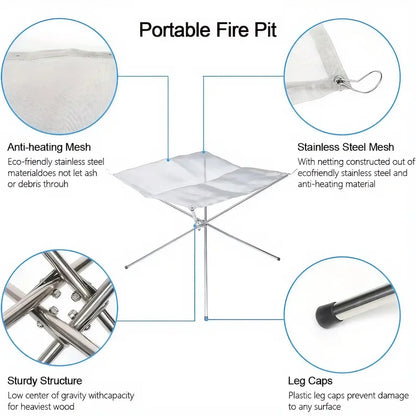 Folding Portable Steel Mesh Camping Fire Pit, Outdoor Wood Burning Bonfires Rack, Stainless Steel Fire Pit, with Carrying Bag - Verduranest